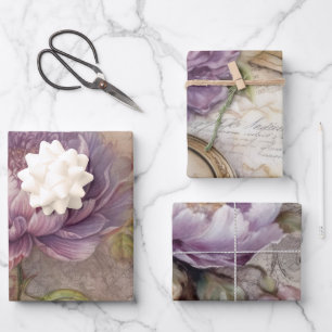 Vintage Inspired Lavender Peonies Wrapping Paper Sheets