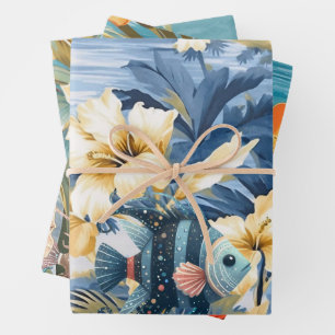 Vintage Inspired Ocean Floral & Fish  Wrapping Paper Sheets