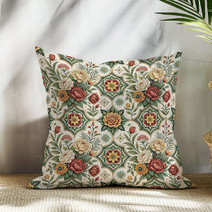 Vintage-Inspired Pillow Red Roses Ornate Tiles