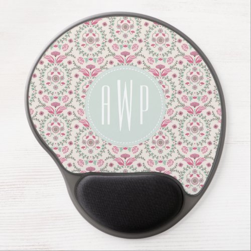 Vintage Inspired Pink and Green Pattern Monogram Gel Mouse Pad