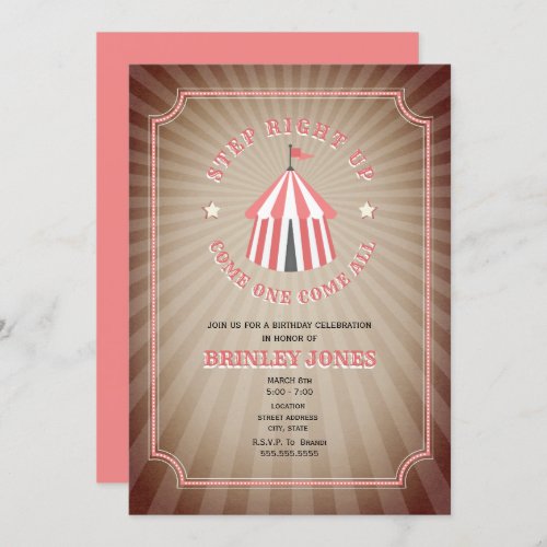 Vintage Inspired Pink Circus Tent Birthday Invitation