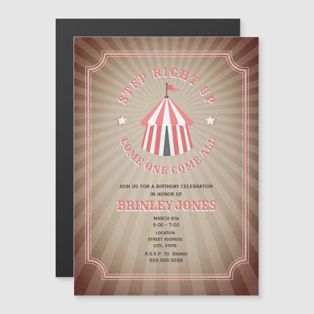 Vintage Inspired Pink Circus Tent Birthday Magnetic Invitation (Front/Back)