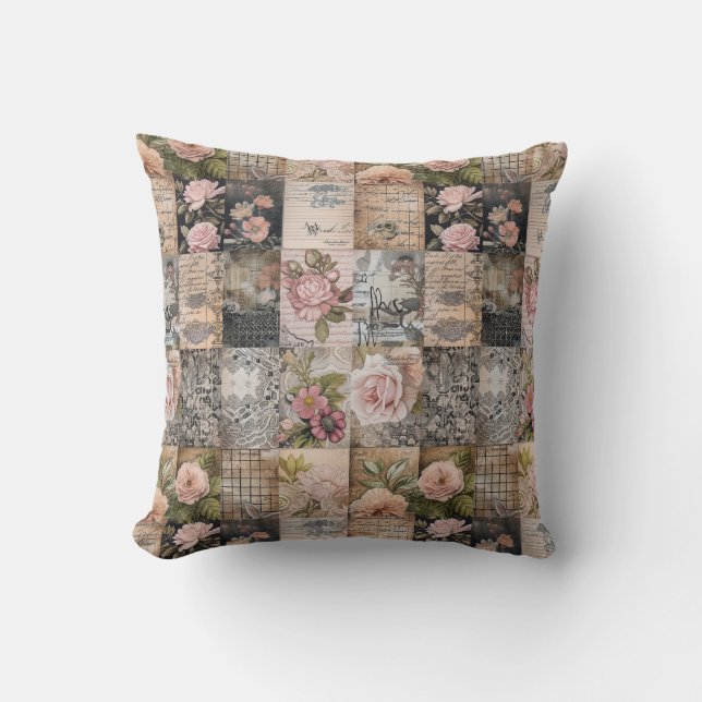 Vintage Inspired Pink Floral Grunge Quilt Pattern Throw Pillow