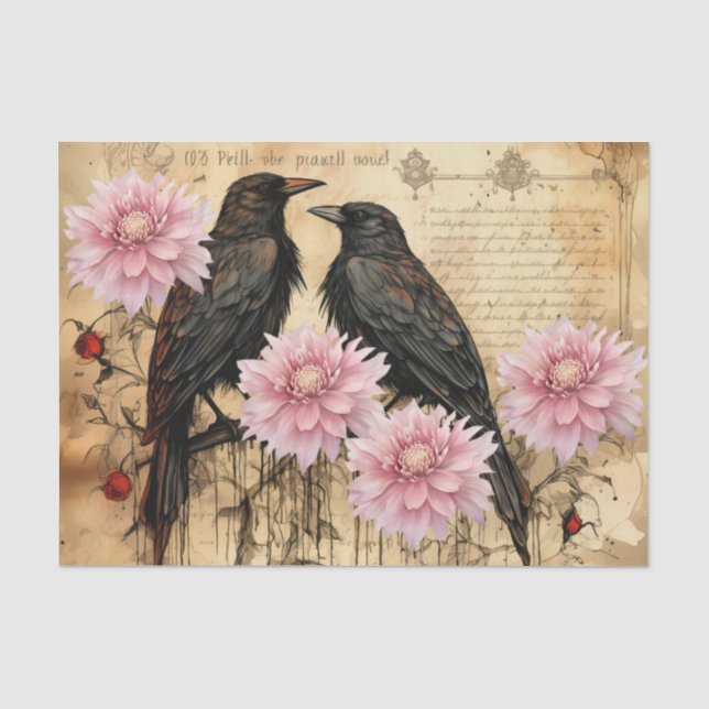 Vintage Inspired Pink Flowers & Ravens Tissue Paper (Front)