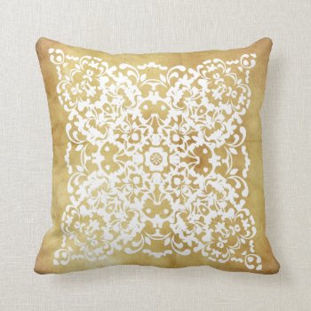 Vintage Inspired Pretty Gold White Lace Pattern Throw Pillow by Flissitations at Zazzle