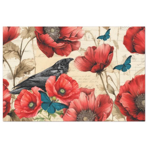 Vintage Inspired Red Poppies  A Black Raven Tissue Paper