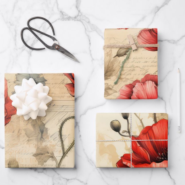 Vintage Inspired Red Poppies Wrapping Paper Sheets (Front)
