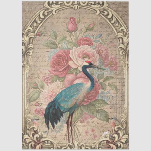 Vintage Inspired Romantic Floral Crane Decoupage Tissue Paper