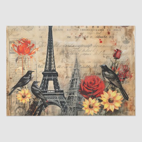 Vintage Inspired Sunflowers Red Roses Raven Tissue Paper