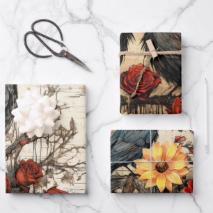 Vintage Inspired Sunflowers Red Roses Raven Wrapping Paper Sheets