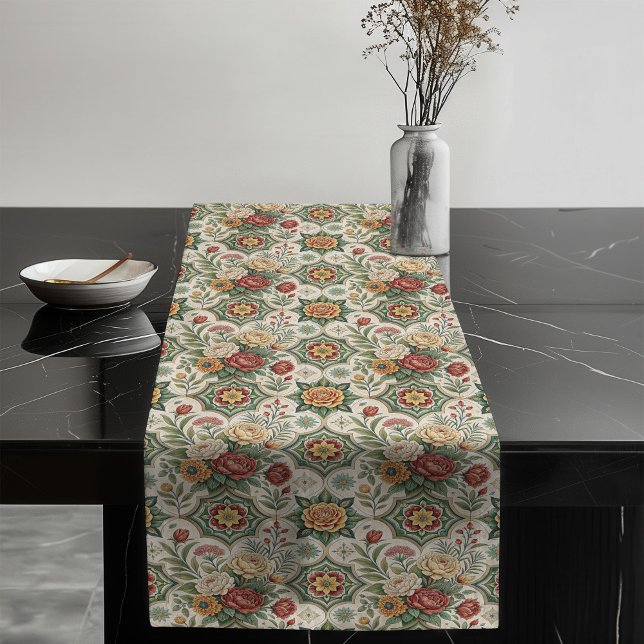 Vintage-Inspired Table Runner Red Roses Tiles (Vintage-Inspired Table Runner Red Roses Tiles)