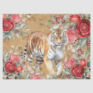 Vintage Inspired Tiger & Red Roses Decoupage Tissue Paper
