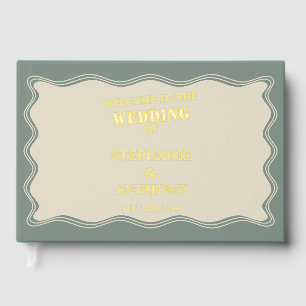 VIntage Inspired Wavy Border on Sage Green Wedding Foil Guest Book