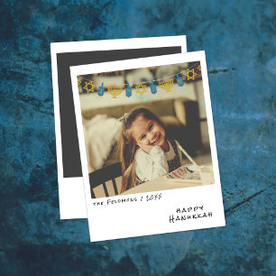 Vintage Instant Photo Blue/Gold Hanukkah Garland Holiday Card