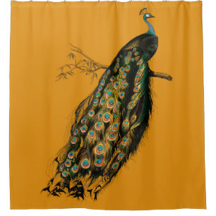 Vintage Intricate Peacock Mustard Yellow Shower Curtain