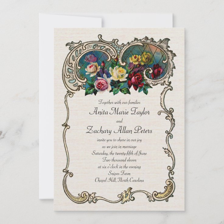 Vintage invitation with frame and roses | Zazzle