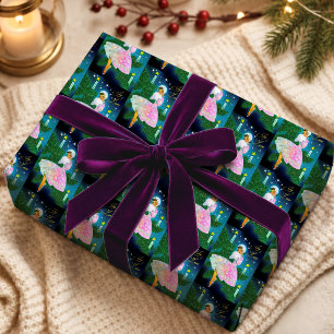 Vintage Iridescent Glitter Christmas Candle Girl Wrapping Paper