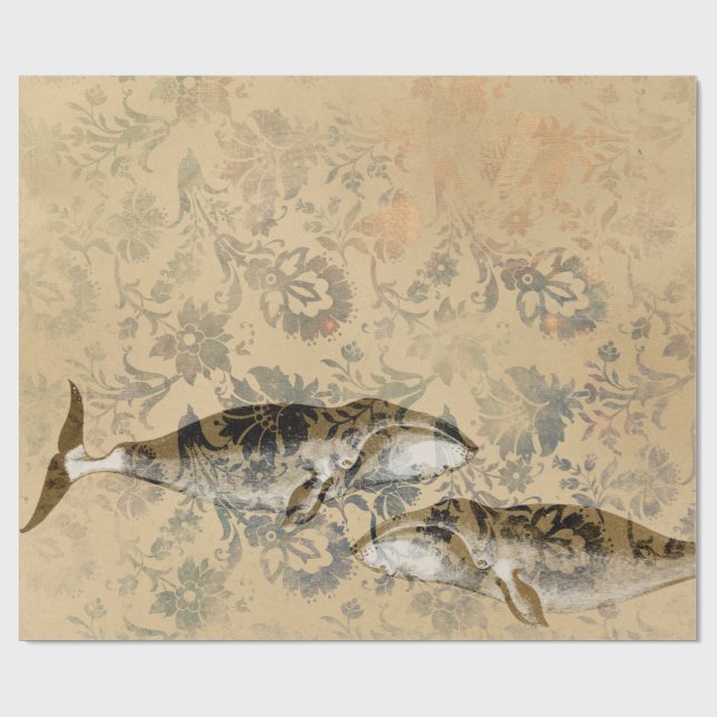 Vintage Iridescent Grunge Nautical Whale Wrapping Paper (Flat)
