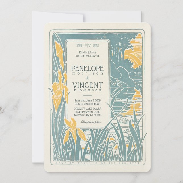 Vintage Iris and Lake Scenery Wedding Invitation (Front)