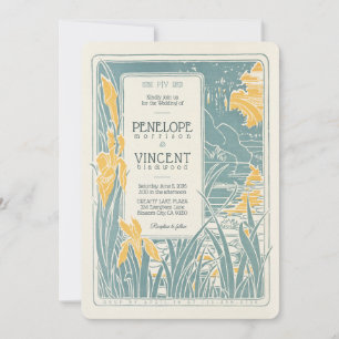 Vintage Iris and Lake Scenery Wedding Invitation