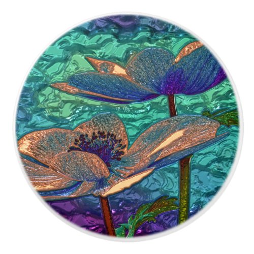vintage iris design blue and green ceramic knob