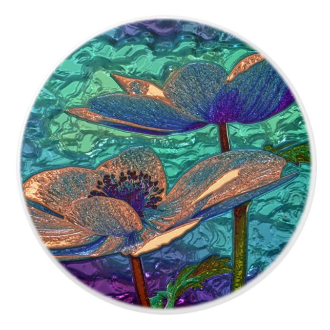 vintage iris design blue and green ceramic knob (Front)