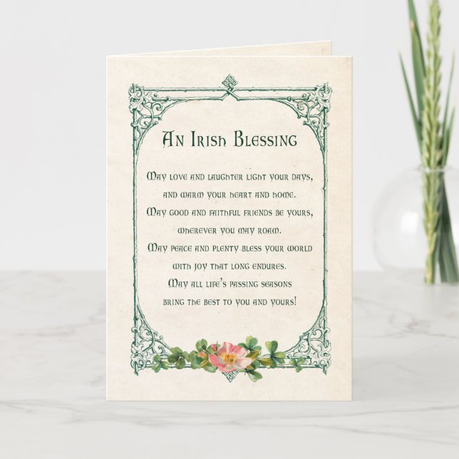 Vintage Irish Blessing w/Shamrocks & Rustic Frame Holiday Card (Front)