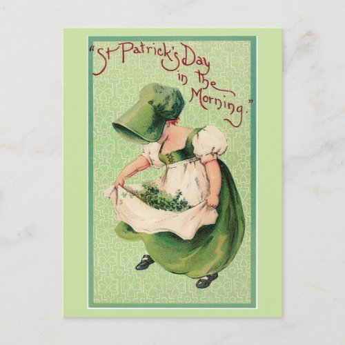 Vintage Irish Girl Collecting Shamrocks Postcard