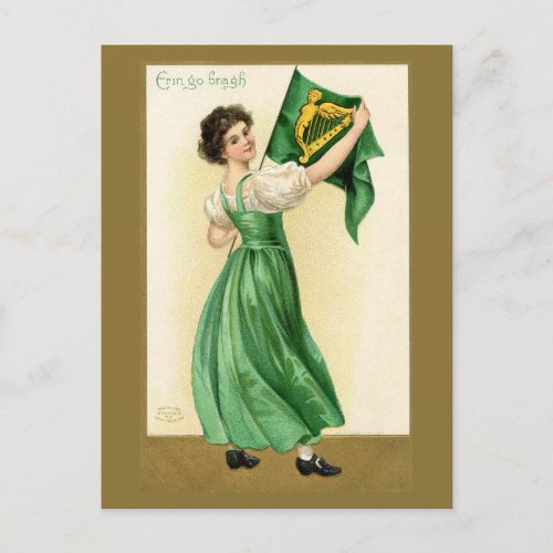 Vintage Irish Girl Erin Go Bragh Flag Holiday Postcard