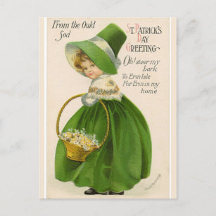 Vintage Irish Girl in Green Hat and Puffy Coat Postcard