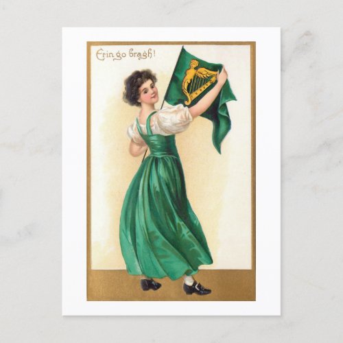 Vintage Irish Girl wErin Go Bragh Flag Holiday Postcard
