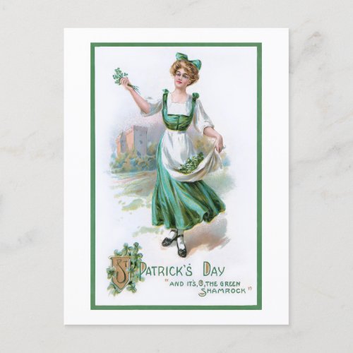 Vintage Irish Girl with Shamrocks Holiday Postcard
