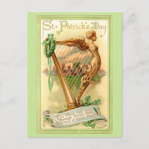 Vintage Irish Harp and Shamrocks Postcard