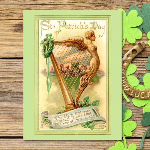 Vintage Irish Harp and Shamrocks Postcard