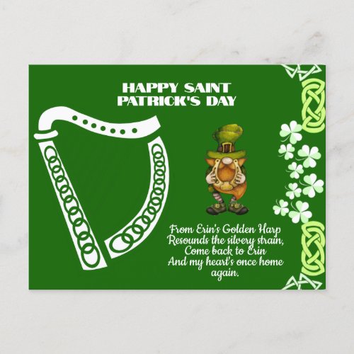 Vintage Irish Harp Saint Patricks Day Leprechaun  Holiday Postcard