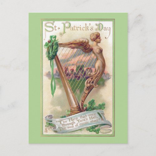 Vintage Irish Harp St Patricks Day Postcard