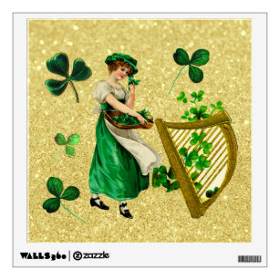 Vintage Irish Lady Basket of Shamrocks & Harp Gold Wall Decal