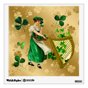 Vintage Irish Lady Golden & Green Shamrocks Harp Wall Decal