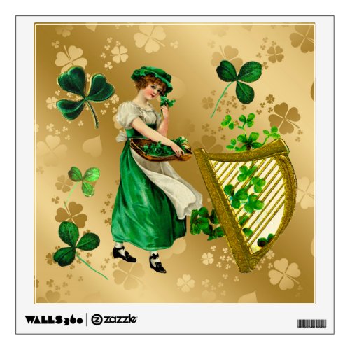 Vintage Irish Lady Golden  Green Shamrocks Harp Wall Decal