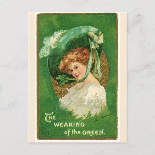 Vintage Irish Lady in Big Hat Wearing of the Green Postcard