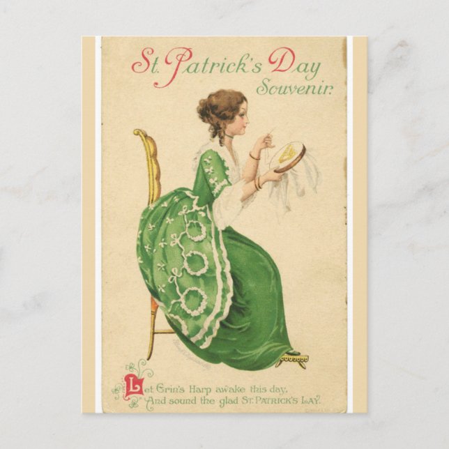 Vintage Irish Lady in Green Sewing Postcard (Front)