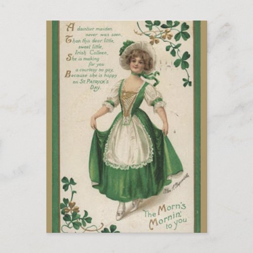Vintage Irish Lady With Shamrocks St Patricks Day Postcard
