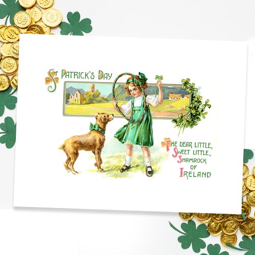 Vintage Irish Lass Shamrocks and Dog Postcard