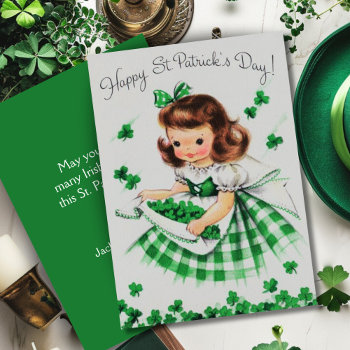 Vintage Irish Lassie Custom Retro St Patrick's Day Holiday Card by VintageDawnings at Zazzle