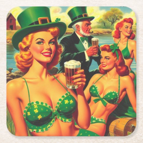 Vintage Irish Pin Up Girl Square Paper Coaster