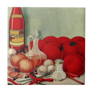 Vintage Italian Food Tomato Onions Peppers Catsup Ceramic Tile