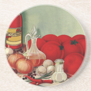 Vintage Italian Food Tomato Onions Peppers Catsup Drink Coaster