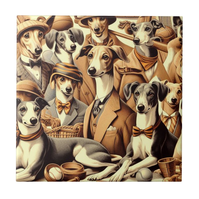 Vintage Italian Greyhound Illustration Ceramic Tile (Front)