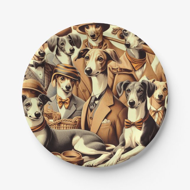 Vintage Italian Greyhound Illustration Paper Plates (Front)