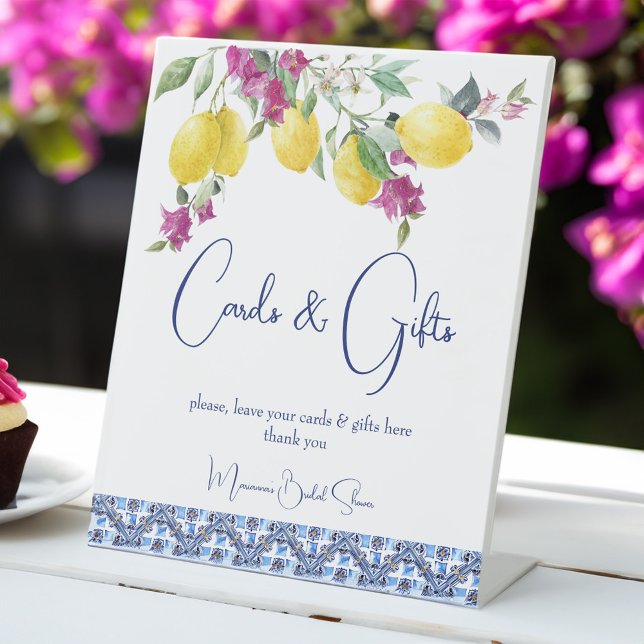 VIntage Italian lemons bougainvillea gifts sign (VIntage Italian maiolica blue tiles lemons bougainvillea bridal shower wedding gifts table sign)